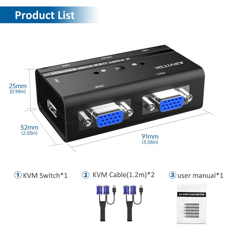2 Port VGA KVM Switch w/2 KVM Cables, Arvitek USB VGA Switch to Share 1 Monitor and 3 USB Devices Between 2 Computers, Supports 1920×1440 2 Port