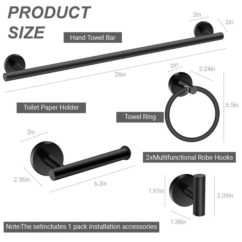 5-Piece Matte Black Bathroom Hardware Set, SUS304 Stainless Steel Wall Mounted Bathroom Accessories, 24 Inch Towel Bar, Towel Ring, Toilet Paper Holder, 2 Hooks, Rustproof Modern Bathroom Fixtures