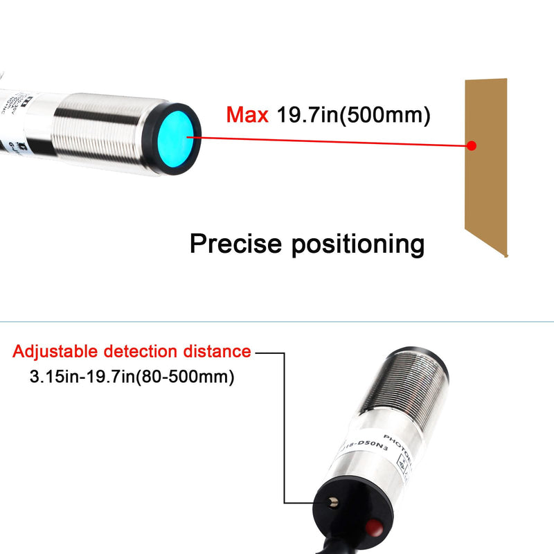 LCLCTC12V 24V Laser Sensor photoelectric Switch PNP NO + NC M18;Input(10-30VDC), 4 Wires; Detection Distance 8-50cm; HG18-D50P3, Normally Open and Normally Closed