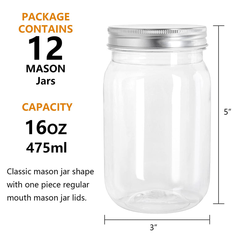 Tebery 12 Pack Clear Plastic Mason Jars with One Piece Lids, 16OZ Mason Cocktail Cup Shatterproof Drinking Jar, Refillable Empty Slime Storage Containers for Overnight Oats, Honey, Spices and Herbs 16Oz-12