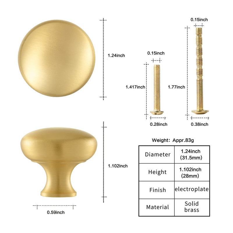 SALISENG Brushed Gold Kitchen Cabinet Knobs -5 Pack Solid Brass Handle for Dresser Drawer,1-1/4 Inch Diameter, Modern Round Cupboard Closet Vanity Pulls - Furniture Hardware for Bathroom Bedroom 1-1/4 Inch Diameter