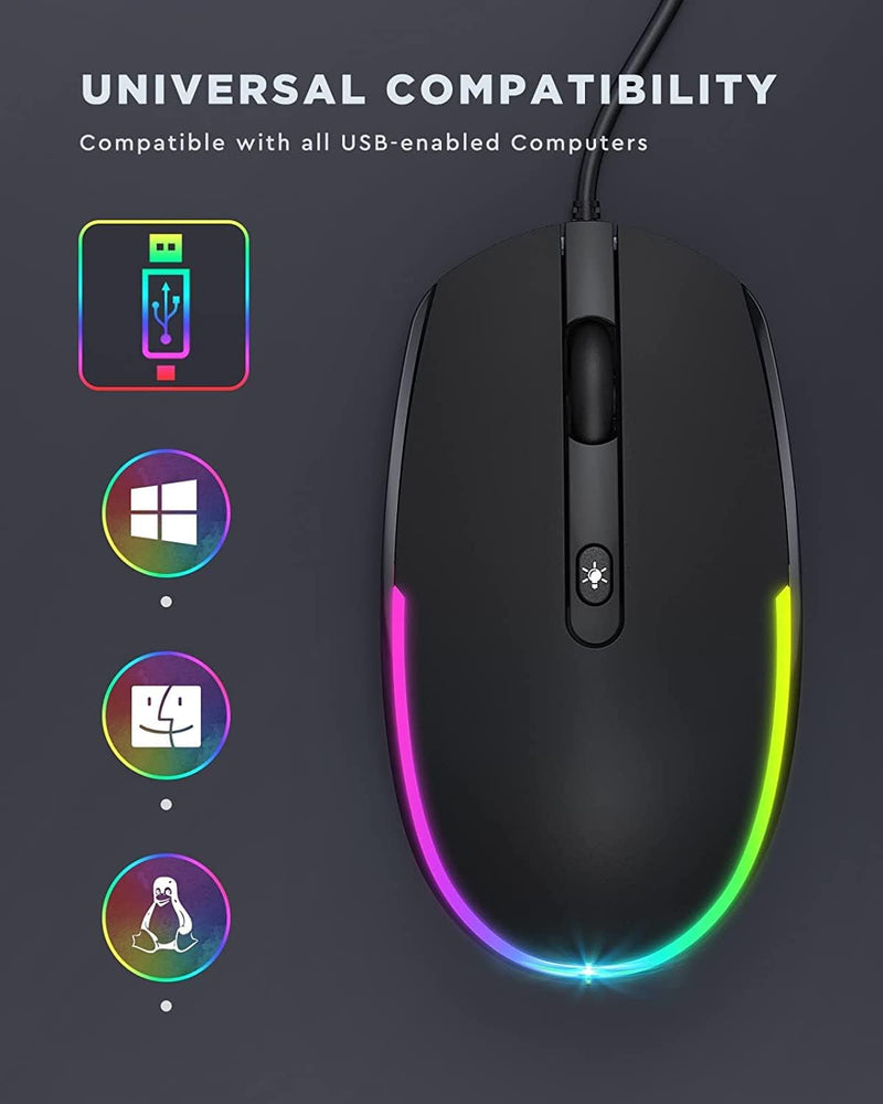 seenda Wired Mouse - USB Computer Mouse Wired with RGB Backlit Optical LED Mouse with Attached USB Cord for Laptops Notebooks Chromebook - Black