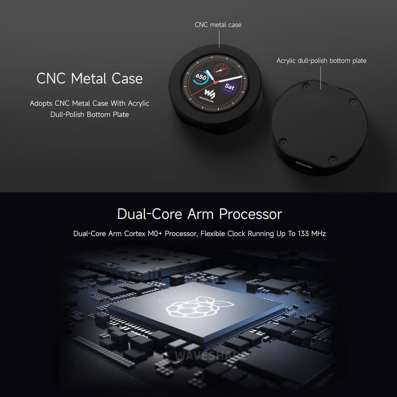 Waveshare RP2040 Microcontroller Development Board, with 1.28inch Round Touch LCD, Compact Size, Accelerometer and Gyroscope Sensor, with CNC Metal Case
