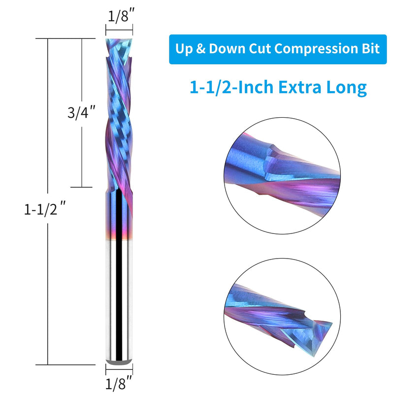EANOSIC 5PCS Carbide Compression Router Bit Up&Down End Mills 1/8 inch Shank with 1/8 inch Cutter for CNC Mill Machine Wookwork 3D Profile Detail Engraver Carving Compression Spiral Bit