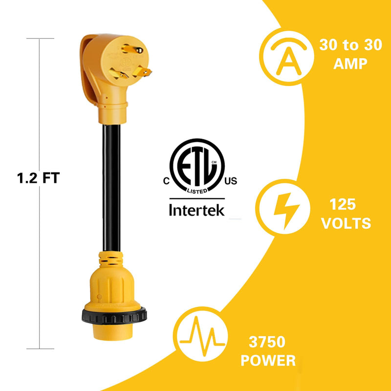 30 Amp to 30 Amp RV Plug Adapter, NEMA TT-30P Male to L5-30R Female Outlet, 1.2 Ft RV Electrical Adapter Extension Cord for RV Trailer Camper