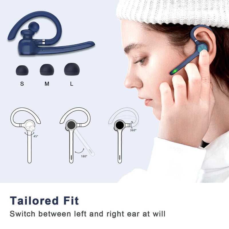 HEIBAS Bluetooth Headset, Wireless Earpiece with Mic for Work | 72H Playtime, 500mAh Charging Case, Hands-Free Calling with Mute Button for Work, Trucker, Office, Driving, iPhone, Blue