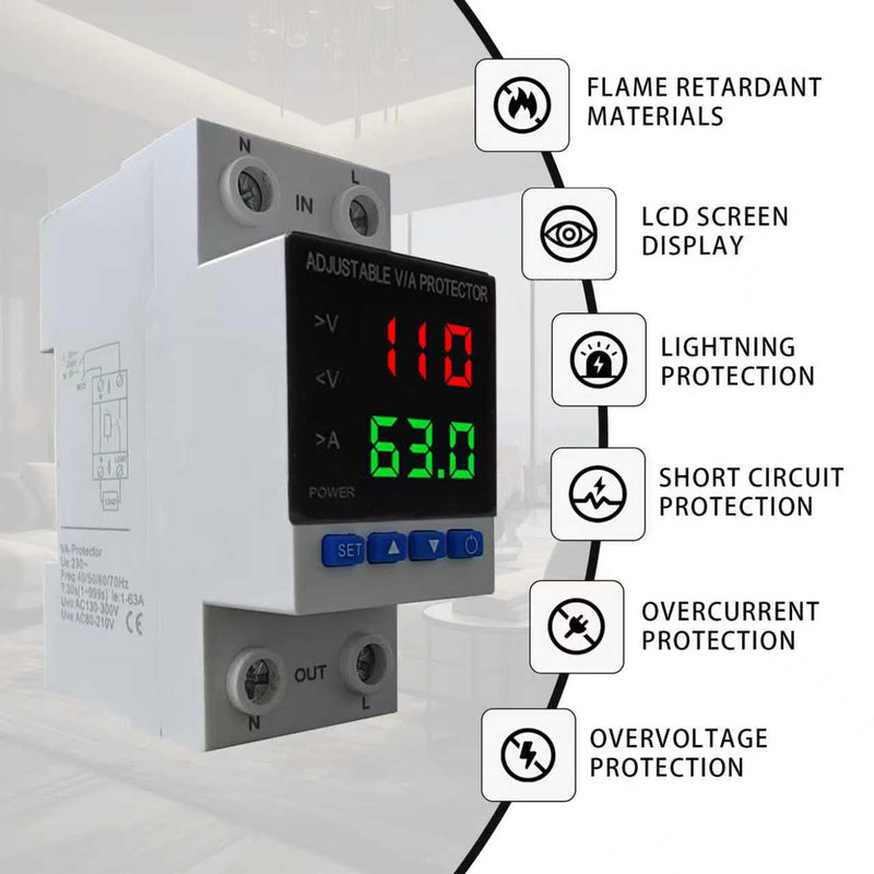 Voltage Protector, AC 110V 220V/DC 80-300V, 1-63A Adjustable Smart Circuit Breaker, Over Voltage & Under Voltage Cut Off, DIN Rail Mount, 2 Pack 63A-2 PCS