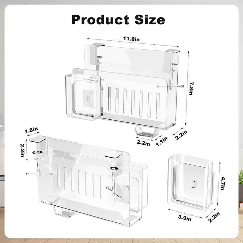 Acrylic Desk Side Storage,Under Desk Laptop Holder Storage Clamp on desk shelf,With Pen Holder and Headset Hook,Clear Desk Side Hanging Organizer accessories (transparent) transparent