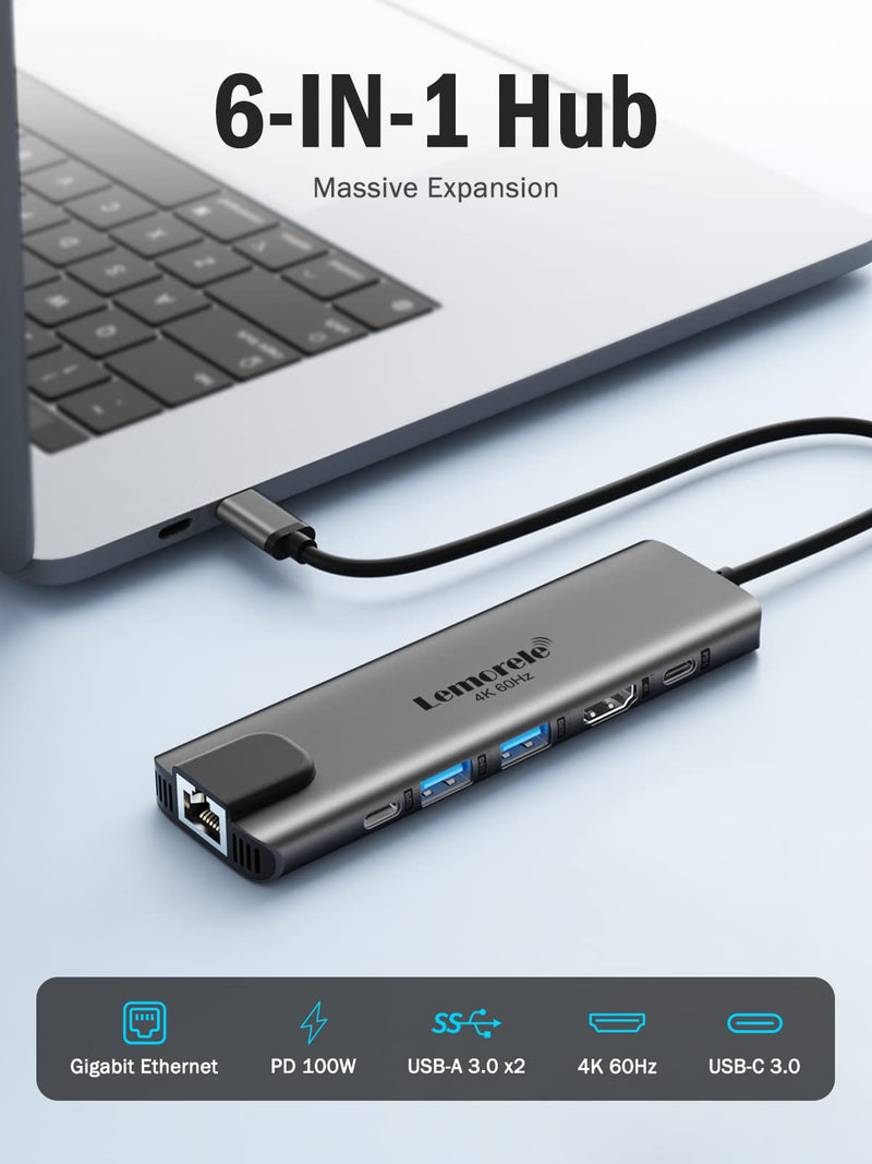 Lemorele USB-C Hub 6-in-1 with 4K@60Hz HDMI, Gigabit Ethernet,100W Power Delivery, USB-C and 2 USB-A 5 Gbps Data Ports for MacBook Air/Pro, Dell, Hp, XPS, and More Grey- 6 in 1