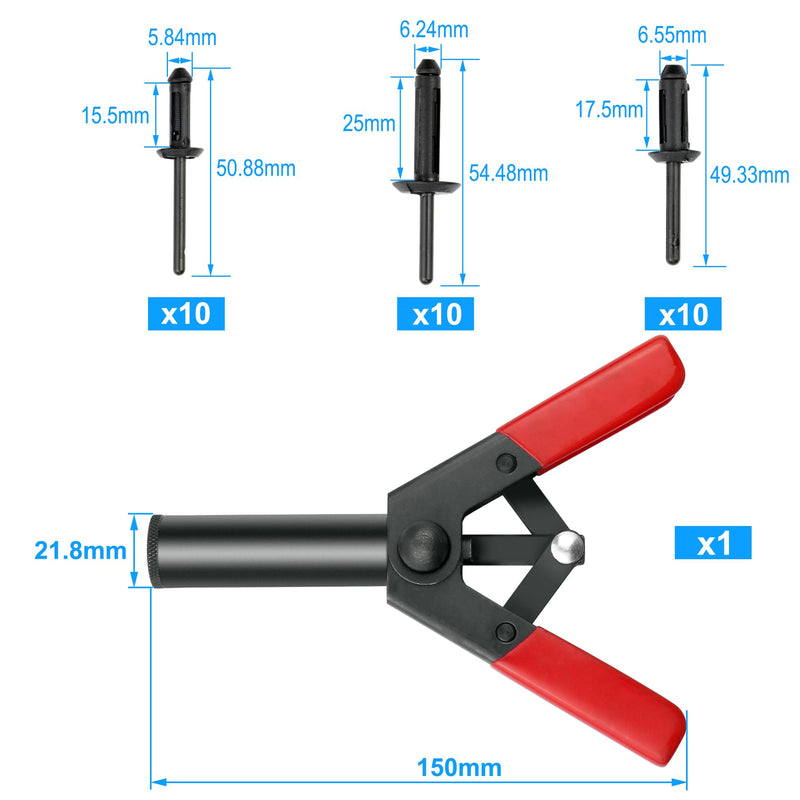 Rivet Gun Set with 3 Sizes Nylon Blind Rivets, 30 Pieces, Hand Riveter Suitable for Automotive and More 1