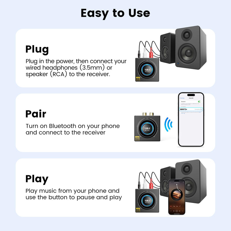 1Mii B06T3+ Bluetooth Receiver with LDAC for Home Stereo, Wired Speakers | Hi-Res Wireless Audio Adapter with aptX Low Latency & HD, Knob Volume Control, RCA/3.5mm AUX for Music Streaming