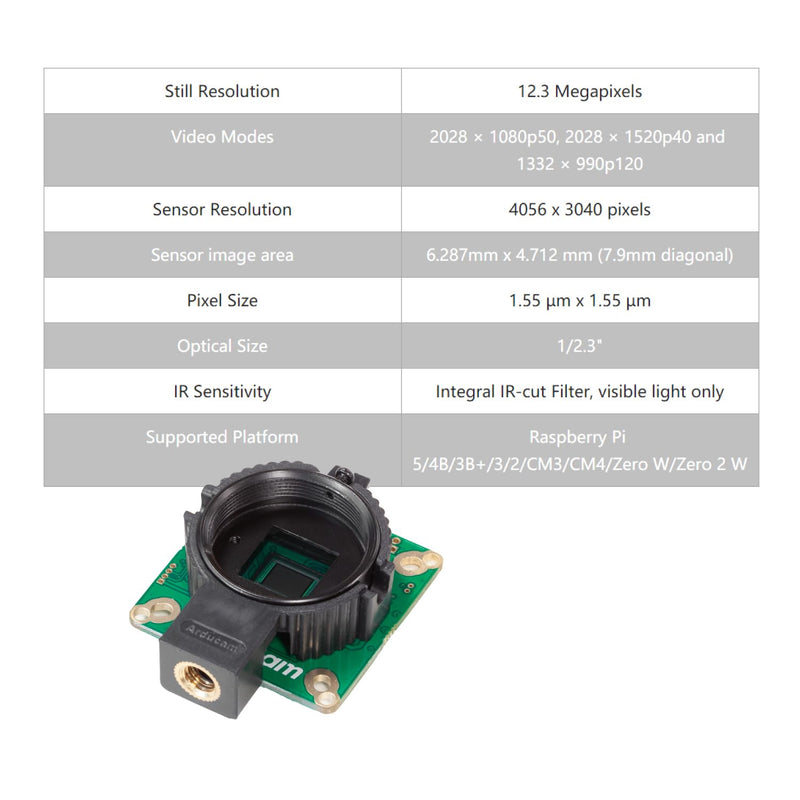 Arducam for Raspberry Pi HQ Camera Module,12.3MP IMX477 Raspberry Pi Camera for Raspberry Pi5/4B/3B+/Zero 2W, Comes with C-CS Adapter and Tripod Mount