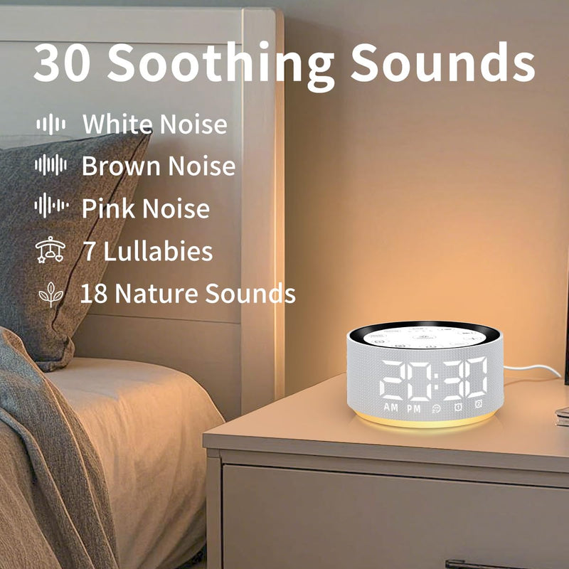 Alarm Clock Sound Machine White Brown Noise Machine with 30 Sleeping Sounds for Baby Kids Adults Night Light Bedroom 2 Alarms Backup Battery 32-Level Vol 15 Wake up Sounds for Mild Heavy Sleeper Grey