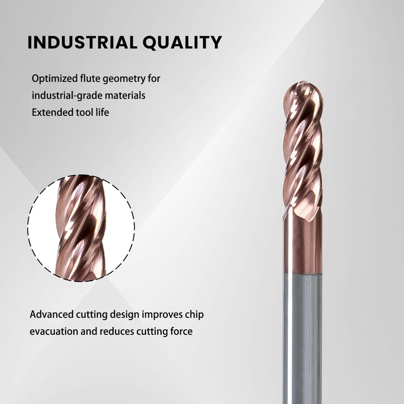NZ 1/4" 4-Flute Ball Nose End Mill TiSiN Coated Carbide CNC Router Bits for Machining Stainless Steel, Alloy Steel and Titanium Alloy, 5-Pack 1/4 inch