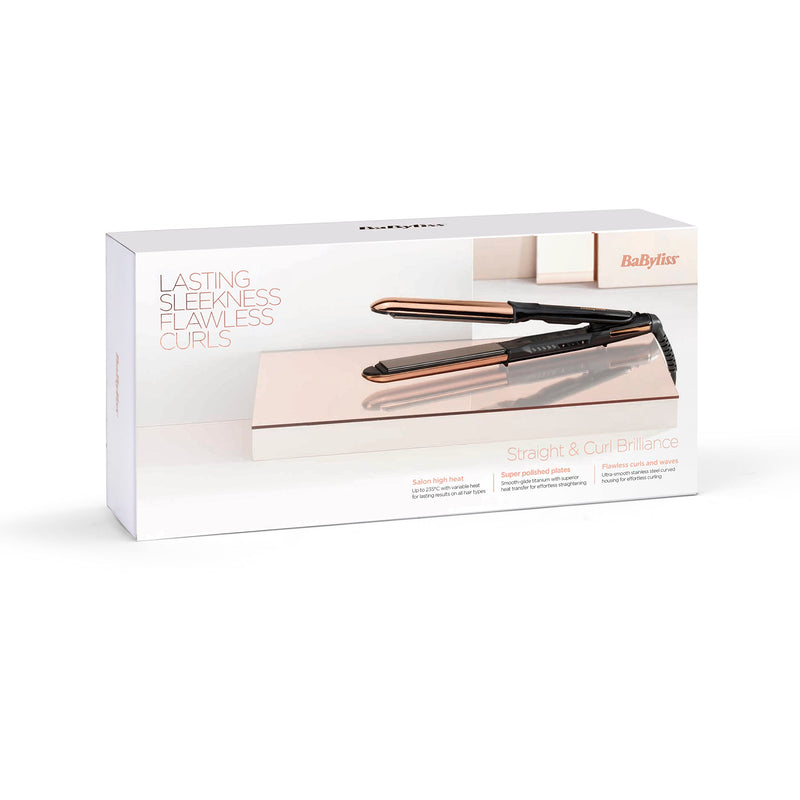 BaByliss Straight and Curl Brilliance Hair Straighteners - Curved Metal Design Easy Styling, Smoothing Titanium Plates, Ionic Anti-Frizz, Fast 15 Second Heat Up, 5 Heat Settings Up to 235°C, 2481U 2481U - UK PLUG