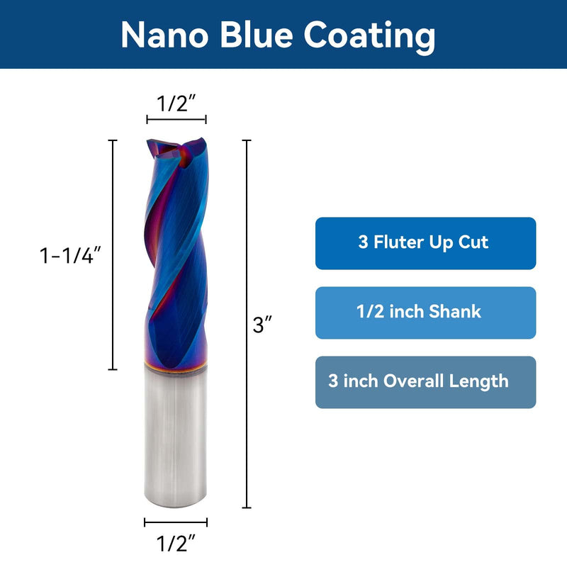 Spiral CNC Router Bits 1/2 inch Shank 3 inch Total Length 3 Fluter Up Cut with Nano Blue Coating Solid Carbide Square End Mill for Wood Mortises Carving… Up Cut-3 Inch
