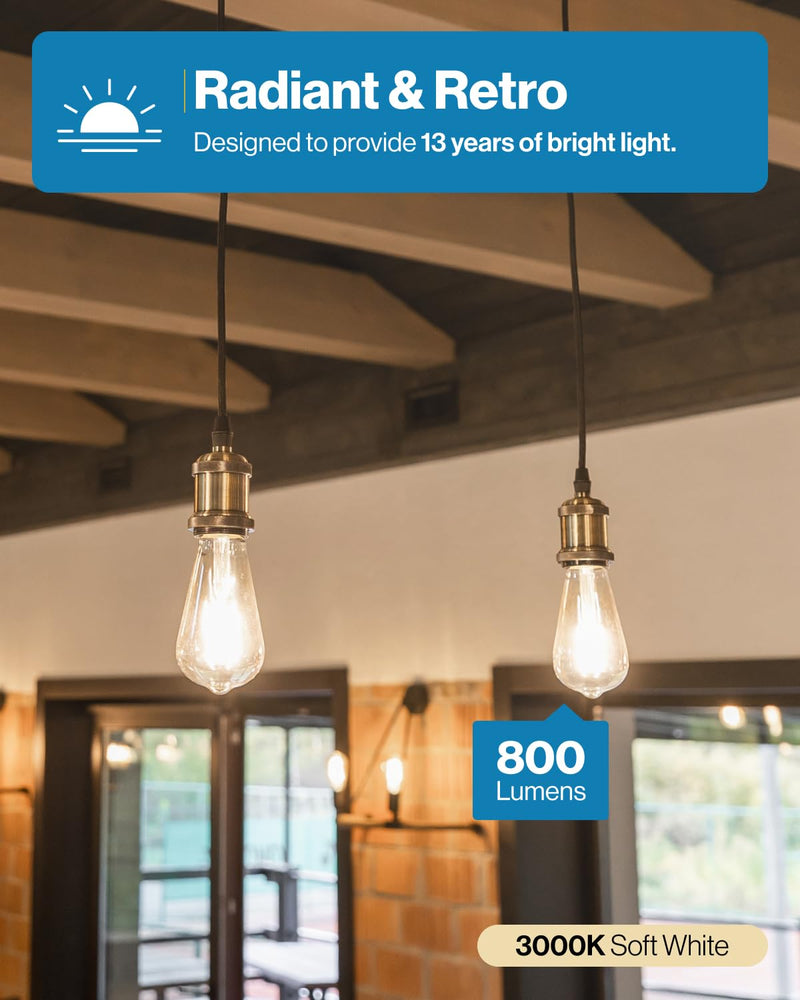 10 Pack 60W Vintage LED Edison Bulbs Equivalent 8.5W CRI92 800 Lumens, Dimmable ST64 Filament 3000K Warm White E26 Medium Base Light Bulbs High Brightness Clear Glass Waterproof UL 10 Count (Pack of 1)