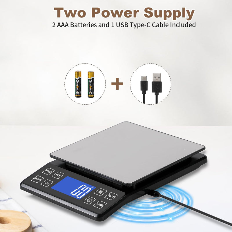 Digital Kitchen Scale with 0.1g/0.001oz High Precision, 5kg/11lb Food Bakery Scale with% Percentage Function, Tare Function, USB Rechargeable or AAA Battery Power, Stainless Steel Pan Black
