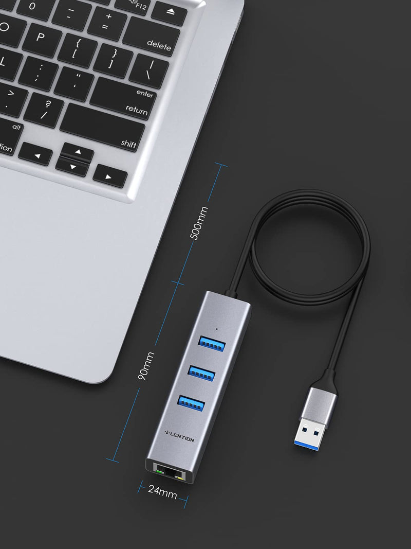LENTION 3-Port USB 3.0 Hub with Gigabit Ethernet Adapter Compatible MacBook Air/Pro (Previous Generation), iMac, Surface, Chromebook, More Type A Laptops - Ultra Slim (CB-H23s-0.5M, Space Gray)