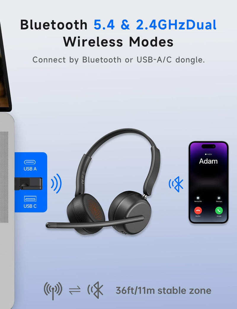AOC Wireless Headset with Mic for Work, Bluetooth 5.4 Headphones-Dark Black | AI Noise-Canceling Mic for Clear Calls, Computer Headset with Mic Mute & USB A/C Dongle for PC, Computer, Laptop Dark Black