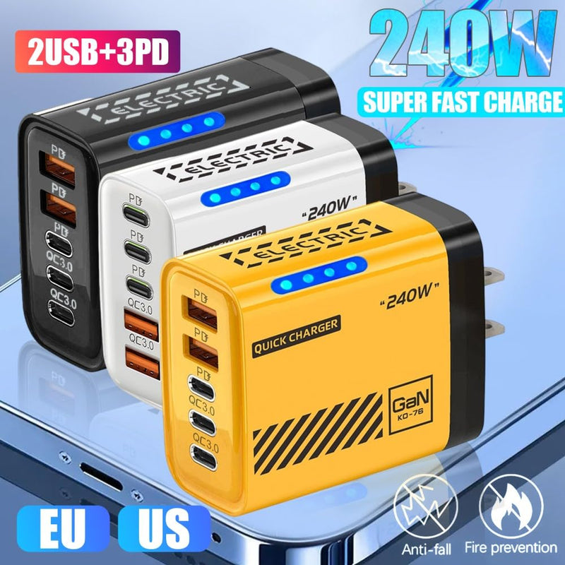 1Pcs Mini 240W Charger with 5 Ports Fast Charging Power Adapter (US,Yellow) | with Lamp Double USB Type-C+3PD 3.0 Smart Fast Charging Plug for IPhone Samsung Universal,Non-Battery US,Yellow