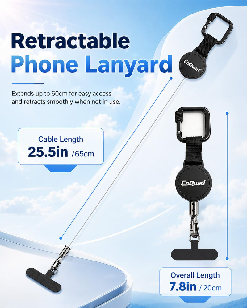 Anti-Theft Phone Tether, Phone lanyard - Universal Adhesive Anchor, Retractable Steel Line and Locking Carabiner Black