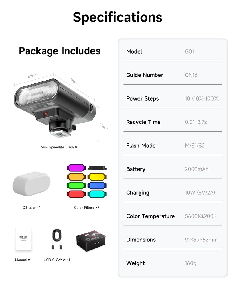 PHOTOOLEX G01 Mini Camera Flash GN16,10 Levels, 1.5s Recycle for Canon Sony | GN16 mini flash with 10 manual power levels. 1.5s recycle. Universal hot shoe fits Sony ZV-1, ZV-E10, Ricoh GR3, Fuji, Canon.