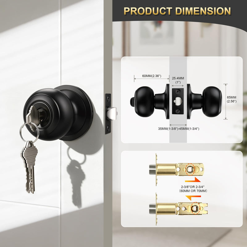 3 Pack Keyed Entry Door Knob, Entrance Door Lock, Keyed Different, Flat Ball, Matte Black Interior and Exterior Entry Door Knobs 3