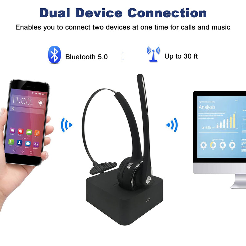 Trucker Bluetooth Headset with Microphone Noise Cancelling, V5.0 Wireless Headset with Charging Base 17 Hrs Talk Time, Black