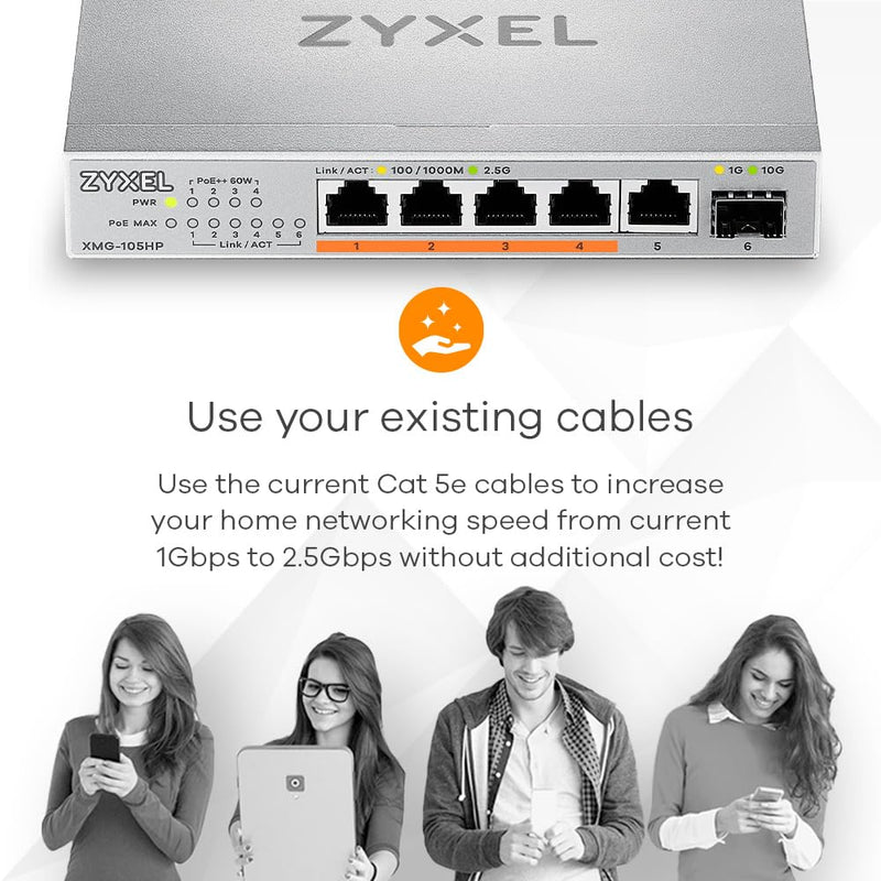 Zyxel 5-Port 2.5G Multi-Gig Unmanaged Switch | 1 x 10G SFP+ | Desktop or Wall Mount [XMG-105] 5-Port | 1x SFP+