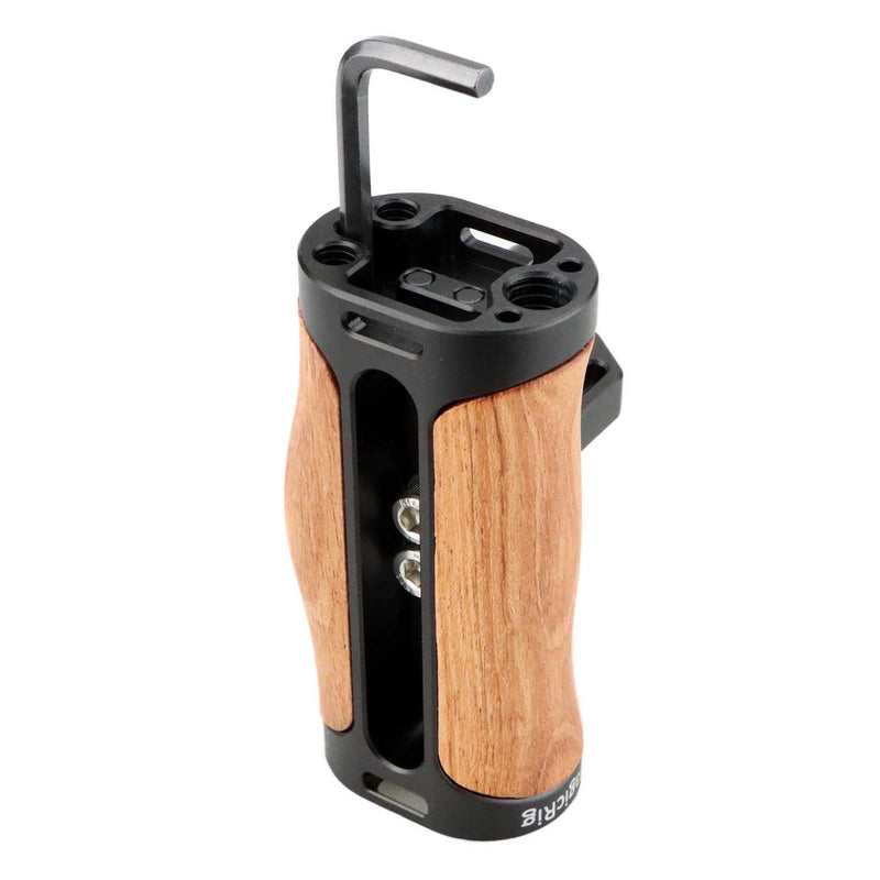 Side Handle Wooden Handgrip with Two 1/4"-20 Screws for DSLR Camera Vlog Camera Cage, Portable Mini Handle for Left/Right Hand with Cold Shoe 1/4" 3/8" ARRI Thread, Up and Down Adjustable 1/4"-20 Screw