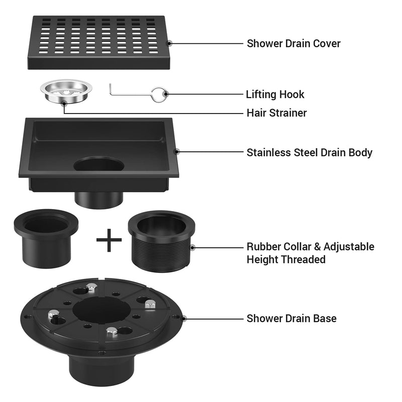 EXF 6-Inch Square Shower Drain with ABS Flange Base, Matte Black 304 Stainless Steel Floor Drain, Removable Grate and Hair Strainer for Modern Bathroom Remodels and Curbless Showers 6IN