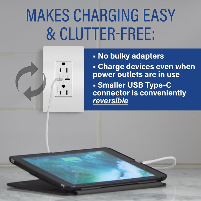 Legrand Radiant R26USBPDW 15 Amp Tamper-Resistant Decorator Duplex Receptacle Outlet with Fast USB C/C 6.0A Charging Ports Plus 30W Power Delivery, White (1 Count) 1 Pack