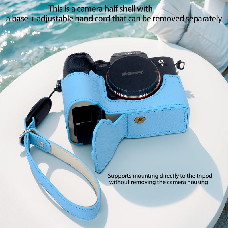 Bowan for Sony A7 Mark IV Camera Case,Handmade Genuine Real Leather Half Camera Case Bag Cover for A7IV A7M IV A7M4 A7 Mark IV A7RV A7R5 Camera Bottom Opening Version + Hand Strap (Blue) Blue