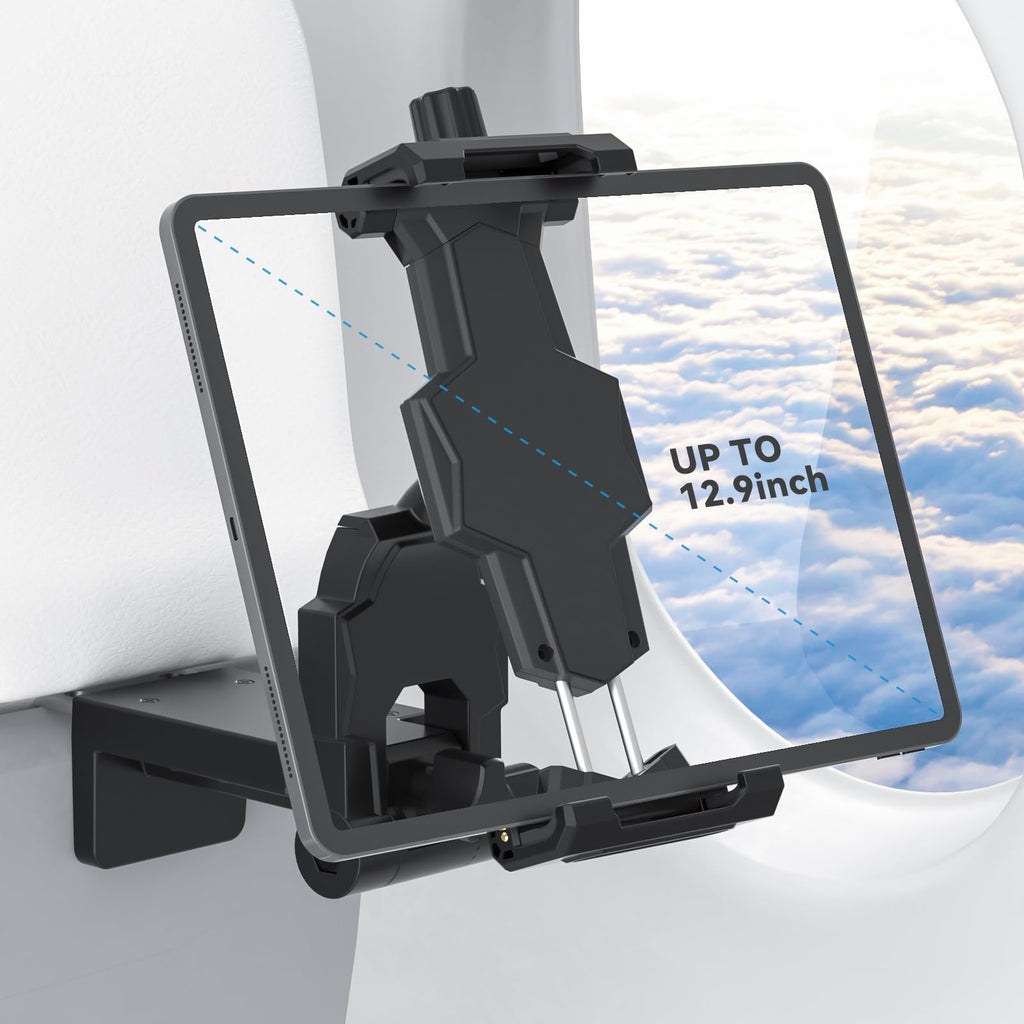 KDD Airplane Tablet Holder Mount, Adjustable Travel Essentials iPad Phone Stand with 360 Degree Rotation, Portable Tesla Model 3/Y Car Headrest Mount Compatible with iPad, Phone, Switch