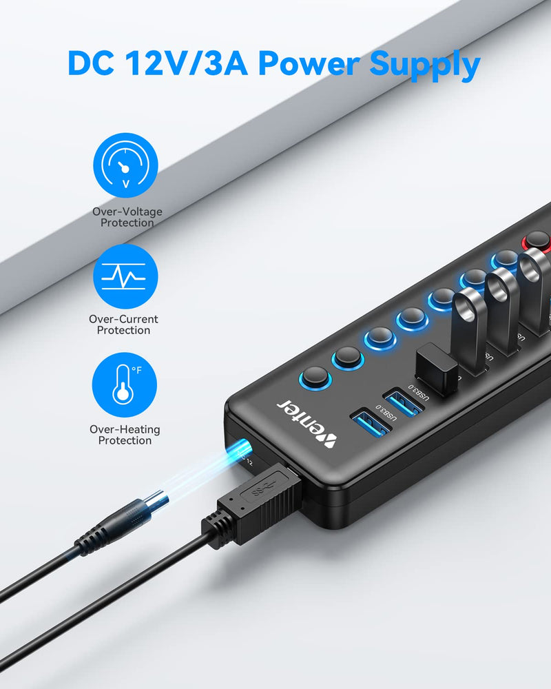 Powered USB 3.0 Hub, Wenter 11-Port Hub Splitter (7 Faster Data Transfer Ports+ 4 Smart Charging Ports) with Individual LED On/Off Switches, Power Adapter for Mac, PC 7+4