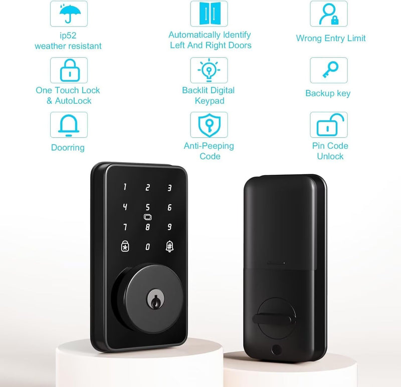 Keyless Entry Door Lock with Keypad, Digital Code Deadbolt, Auto-Lock, No WiFi/App Needed, Easy Installation Deep Black