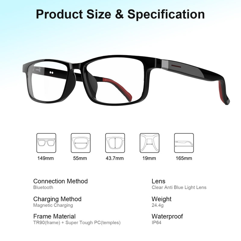 GenXenon Smart Glasses for Men Women, Blue Light Blocking Bluetooth Glasses with Removable Temples, Open-Ear Design, 24.4g Music Eyewear for Driving/Working/Gaming Black