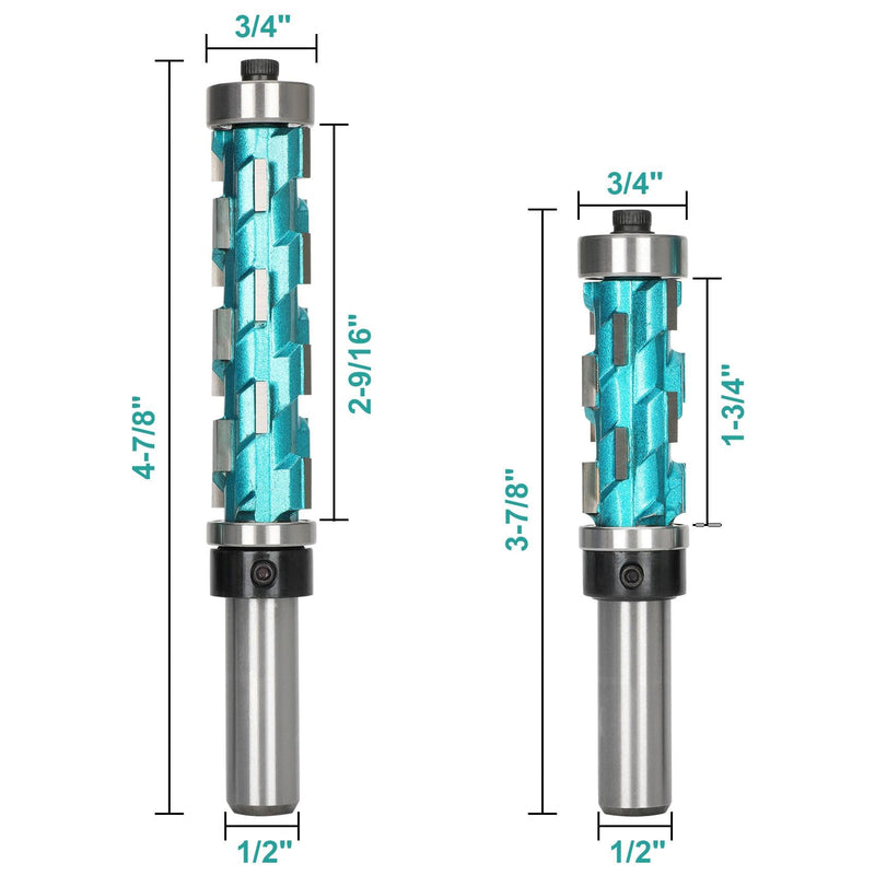 2PCS Flush Trim Router Bit 1/2 Shank for Woodworking Leveling Trimming, Double Bearing Spiral Trimmer 1.75" &2.56 " Cutting Length, Spiral Flush Trim Router Bit 1/2 Shank for Wood/MDF/Plywood