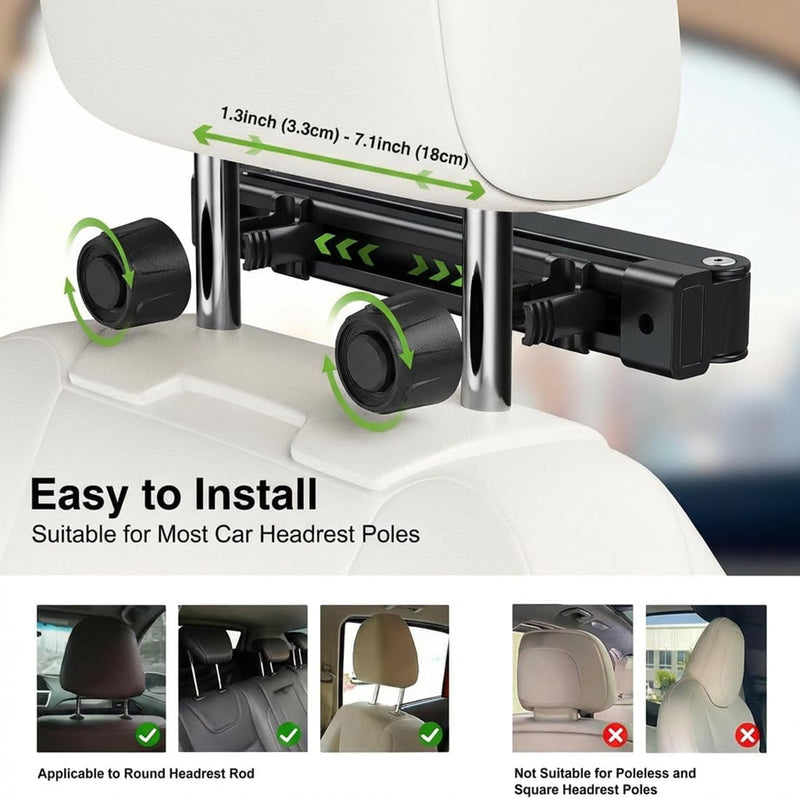 Heavy Duty Car Headrest Mount for 15.6" Portable Monitor, 2-in-1 VESA&Clip Tablet Holder for 4.7-20" Screens, Backseat Gaming Holder Compatible with Monitors, iPad, Stable Road Trip Stand for Kids