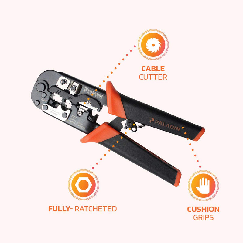 Paladin Tools PA1561 Professional Data Cable Crimper | Cut & Strip CAT5 CAT5E CAT6 | RJ45 RJ11 RJ12 RJ22 | POE Ethernet (Professional Grade)