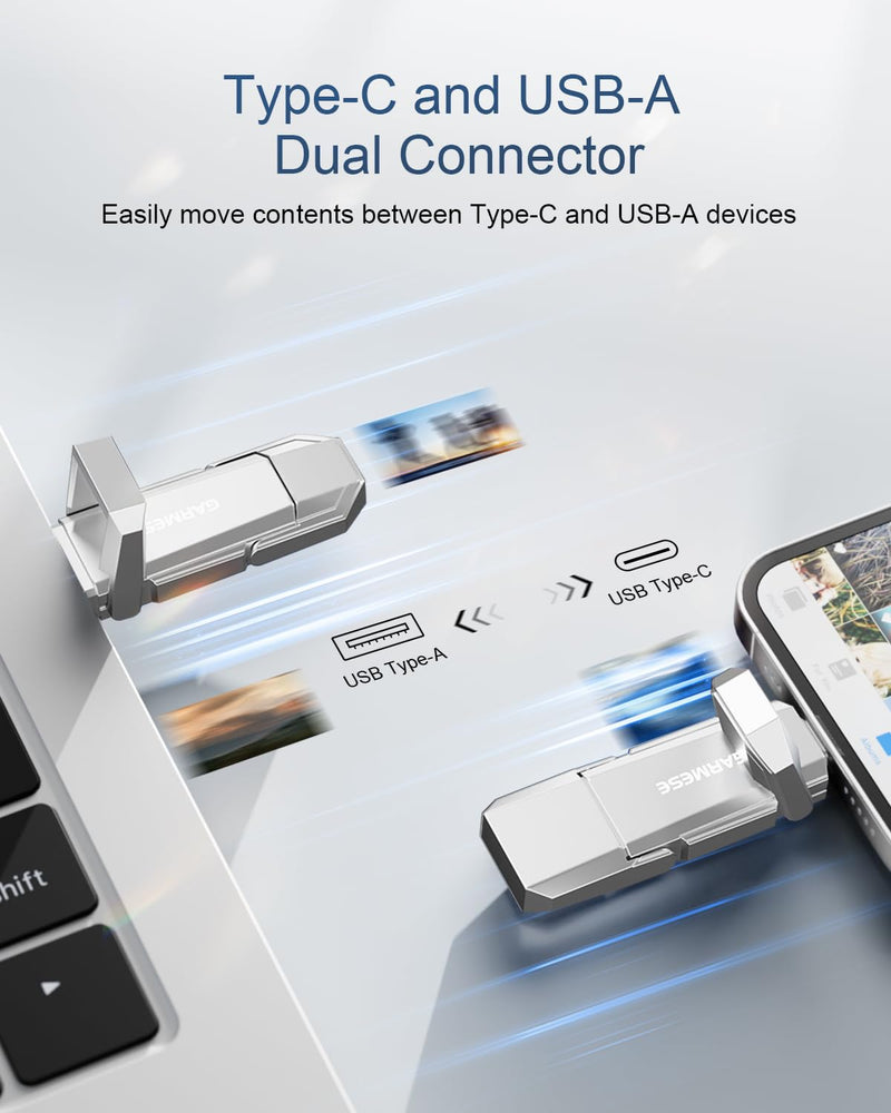 256GB USB C Flash Drive Up to 450MB/s USB 3.2 Solid State Thumb Drive Type-A + Type-C 2-in-1 Flash Drive Memory Stick Data Storage Compatible with Smartphone Tablet Computer Game Console 256GB Silver