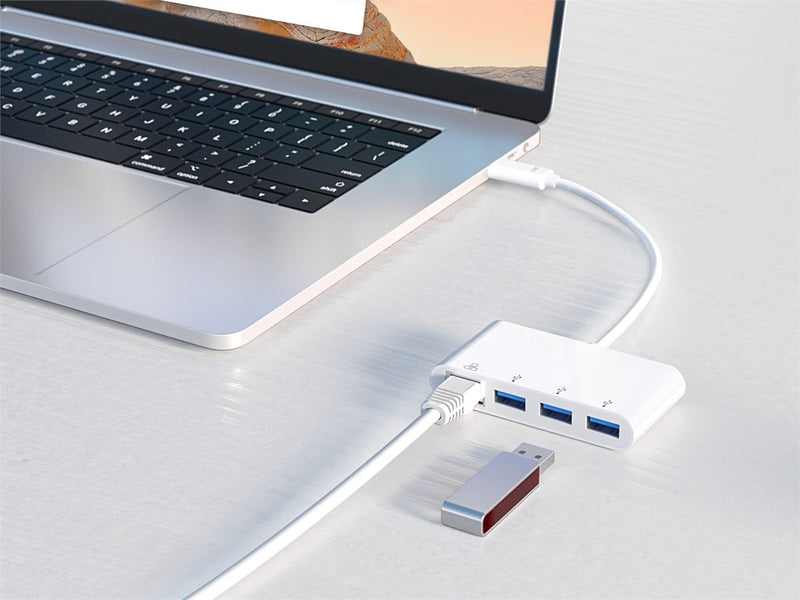 Monoprice USB-C 3-Port USB 3.0 Hub and Gigabit Ethernet Adapter - Plug-n-Play, Supports Up To 5Gbps Data Rate, Compatible with MacOS, Windows, Chrome OS, White - Select Series 1 Count (Pack of 1)