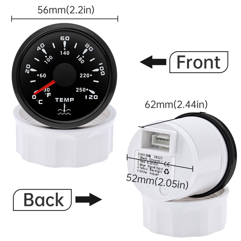 ARTILAURA Water Temp Gauge 7 Color 2-1/16" 52mm AUTO Water Temperature Meter 30-250℉ / 40-120℃ (All Black) Water Temp F