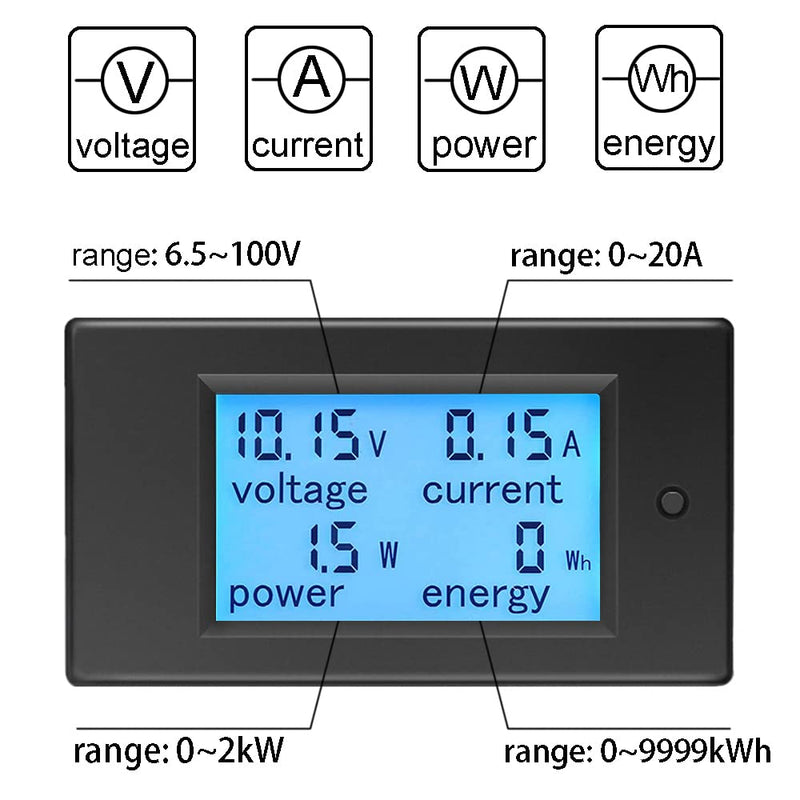 KETOTEK Amp Volt Watt Kwh Meter Tester Panel Digital 4 in 1 Ammeter Voltmeter Multimeter 12V DC 6.5-100V 20A, Voltage Current Power Energy Usage Monitor LCD Display Car Motorbike Solar DC 20A Meter
