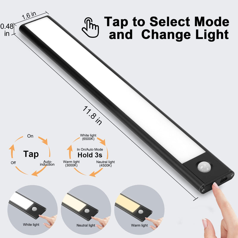 Under Cabinet Lights Wireless,Under Counter Motion Sensor Light Kitchen, 54 LED Rechargeable Night Lighting,3 Color Temperatures Black Closet Light for Bedroom,Wardrobe, Stairs,Cupboard(2 Pack) 12inch Black 54LEDs Sliver