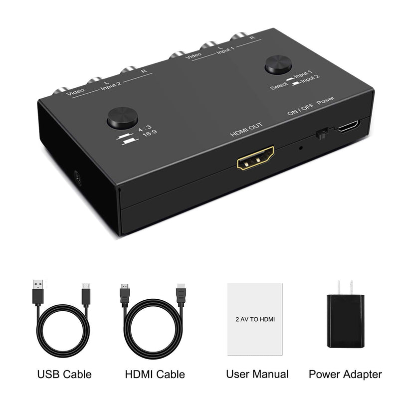 2 RCA to HDMI, 1080P 2 Way RCA Composite CVBS AV Switch to HDMI Video Audio Converter Adapter Supporting 4:3/16:9, for PC Laptop Xbox PS2 PS3 N64 NGC SNES WII VHS VCR Camera DVD 2 Way RCA Converter