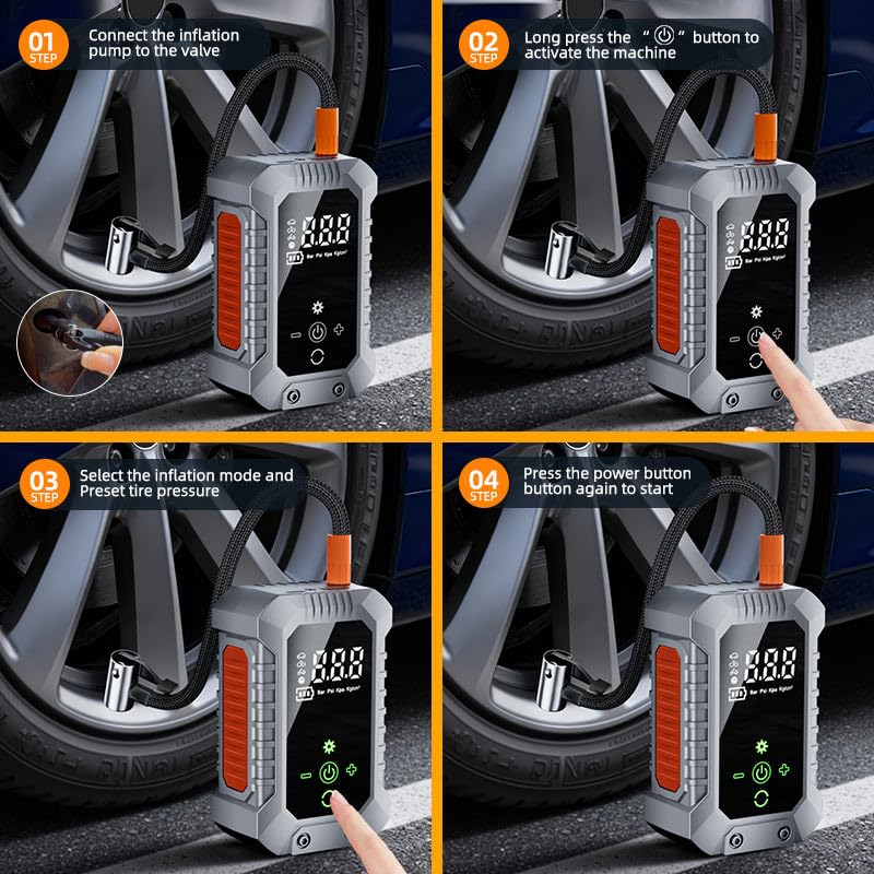 Cordless Tire Inflator Portable Air Compressor - 3600mAh Rechargeable Car Tire Pump with Digital Pressure Gauge, LED Light, Auto Shut Off, Dual Power Source for Car, Motorcycle, Bicycle, Balls Silver