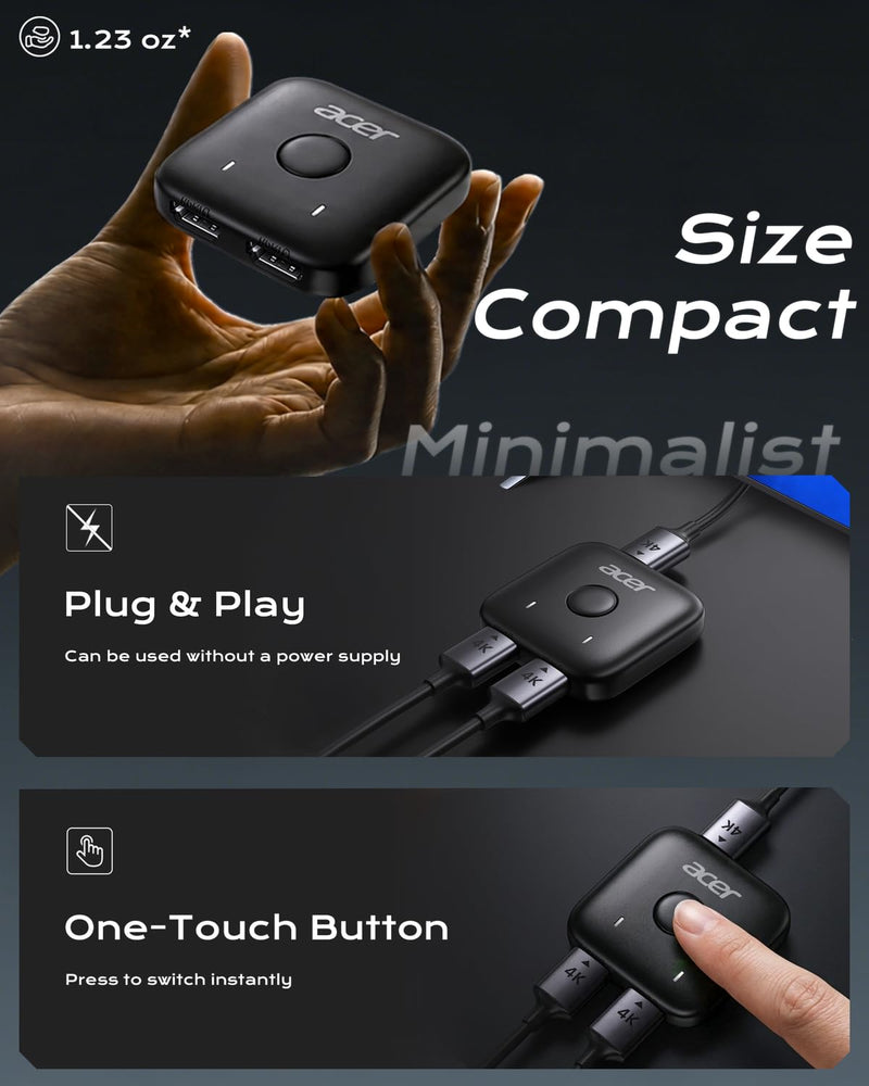 Acer HDMI Switch 2 in 1 Out, 4K60Hz Bidirectional 1 in 2 Out Video Switcher | Multi Port Adapter with HDR 3D HDCP Dolby, Monitor Switch for 2 Computers, AB Selector Box for TV Laptop Roku Gaming Consoles Black