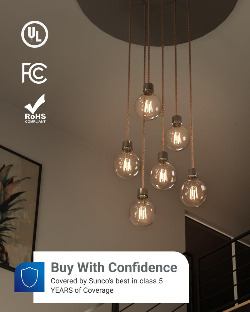 Sunco 6 Pack G25 Globe Light Bulbs LED Edison Vanity Light Bulbs, CRI90, 3000K Warm White, Dimmable, 5W=60W, Clear Vintage Filament Globe, 500 Lumens, E26 Base, Indoor Outdoor, UL 6 Count (Pack of 1)